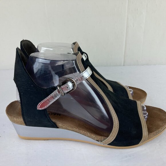 Naot Womens sz 10 Black Tan Silver Low Wedge Comfort Sandals T Strap - Picture 5 of 10